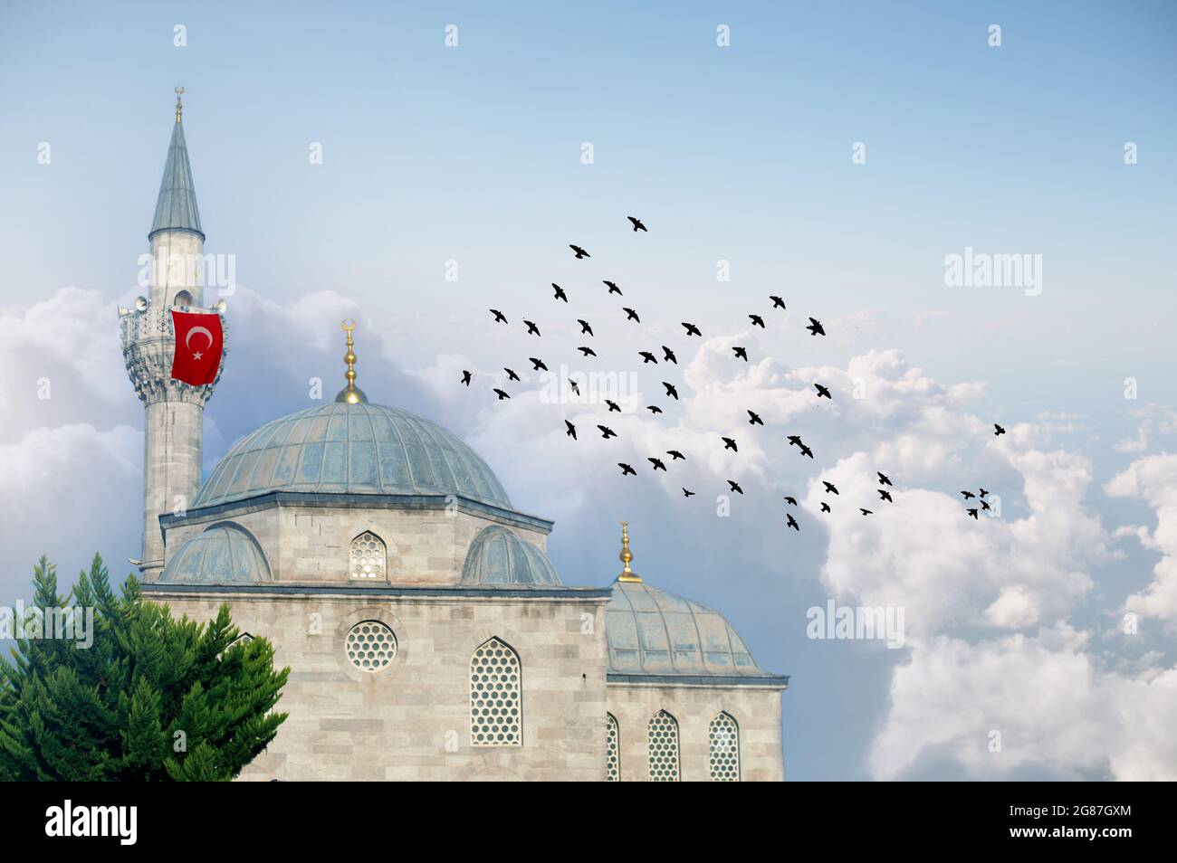 Moschea Shemsipasha di Istanbul (in turco: Şemsipaşa Kuşkonmaz camii) su nuvole bianche. Uccelli che volano intorno alla moschea. Casa islamica di culto per i musulmani. Foto Stock