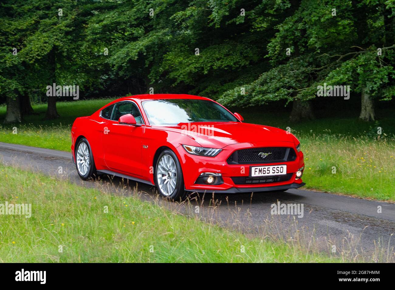 A Red v8 Ford Mustang GT Auto Coupe benzina al ‘The Cars The Star Show" di Holker Hall & Gardens, Grange-over-Sands, Regno Unito Foto Stock