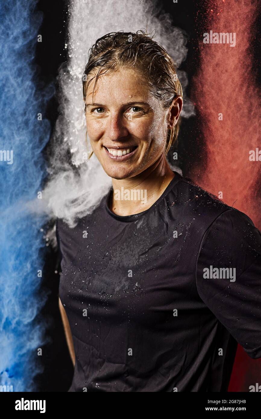 Camille Lecointre, catégorie 470 ritratto, studio Équipe de France de voile Olympique, JO de Tokyo 2021, 15 Juin 2021, à Zecamp, Corrençon en Vercors, Francia - Foto Pierre Bouras / FFVoile/ DPPI Foto Stock