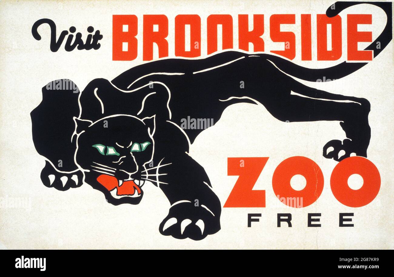 Visita lo zoo di Brookside gratuitamente. Vecchio cartello / poster con una pantera nera. Ottimizzato digitalmente. Federal Art Project, 1937. Poster WPA. Foto Stock