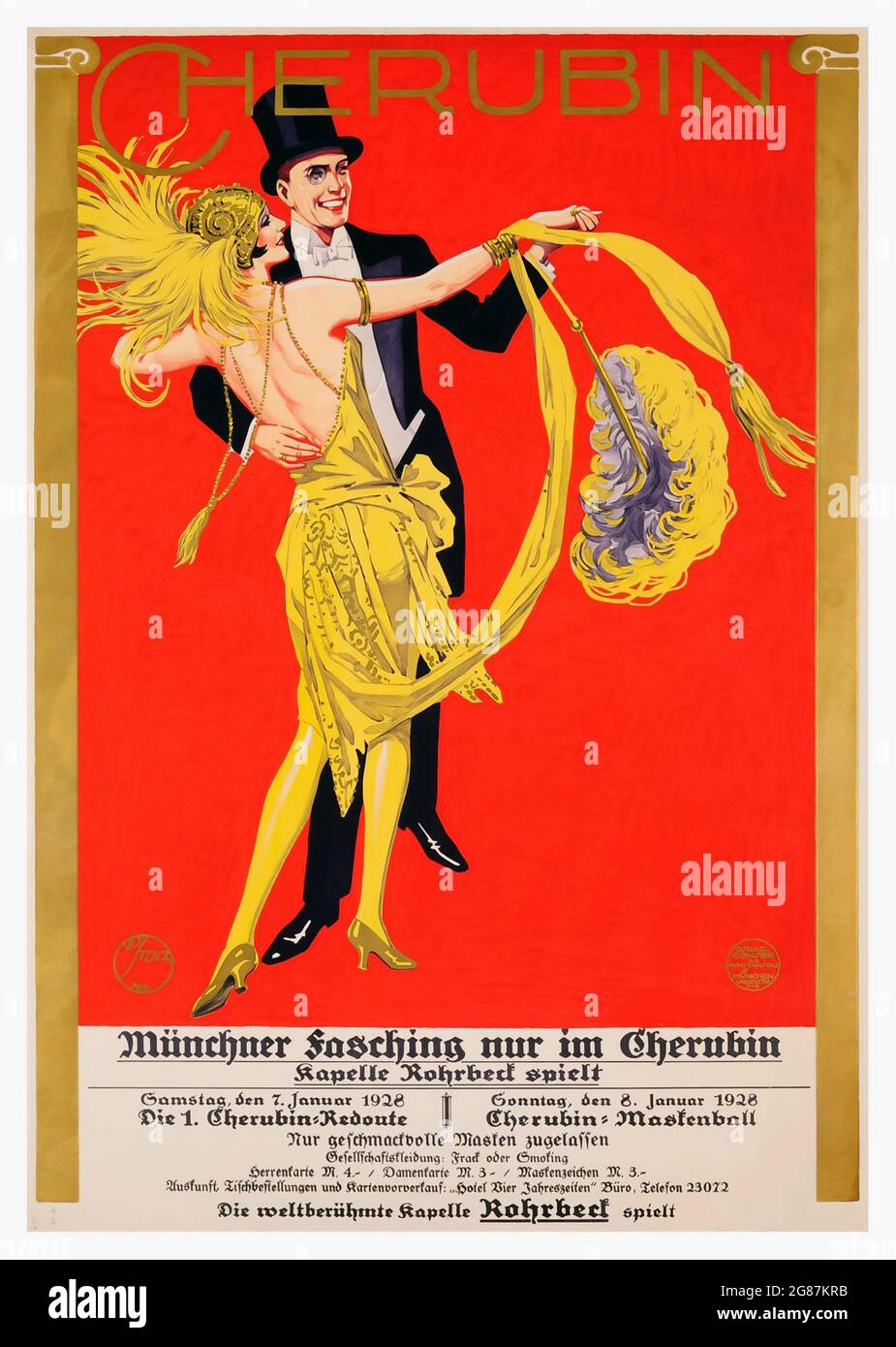 Poster da ballo d'epoca per il carnevale di Monaco al Cherubin. Donna e uomo che ballano. 1928. Foto Stock