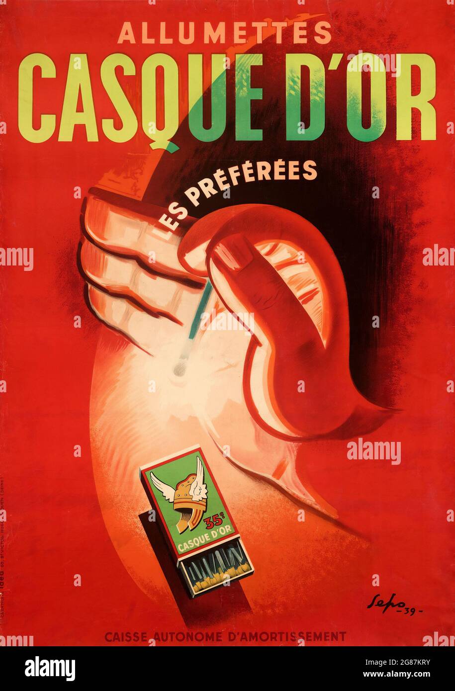 Allumettes Casque D'Or 'Les Préférées. (1939) poster pubblicitario francese per le partite (partite di casco in oro). Illustrazione di Seppo. Foto Stock