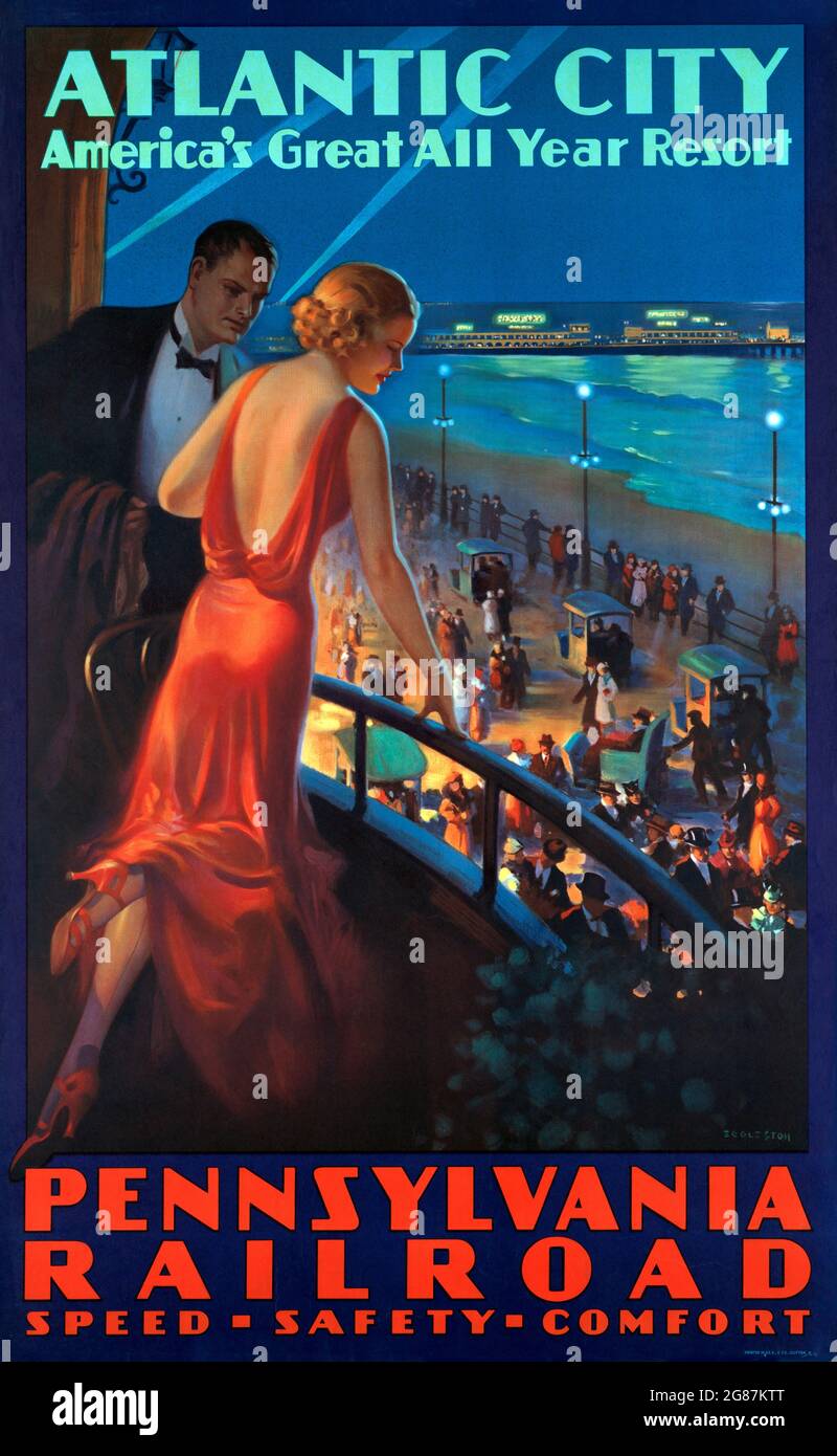 Atlantic City – il Great All Year Resort dell'America, Pennsylvania Railroad, dipinto di Edward Mason Eggleston. 1935. Poster da viaggio. Foto Stock