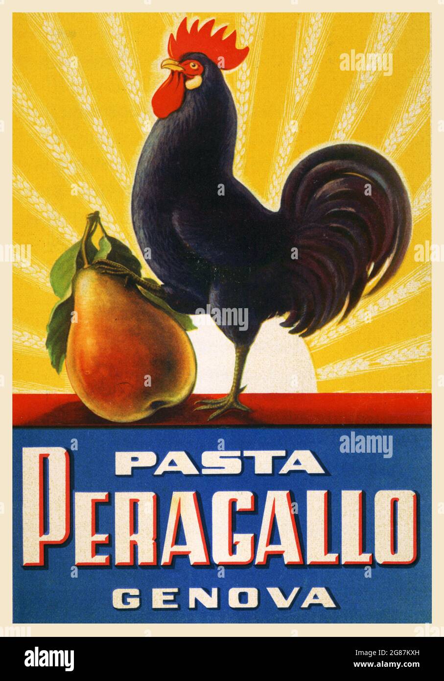 Pubblicità vintage e vecchio. Pasta Peragallo Genova, 1949. Display in-store. Un gallo con una pera. Foto Stock