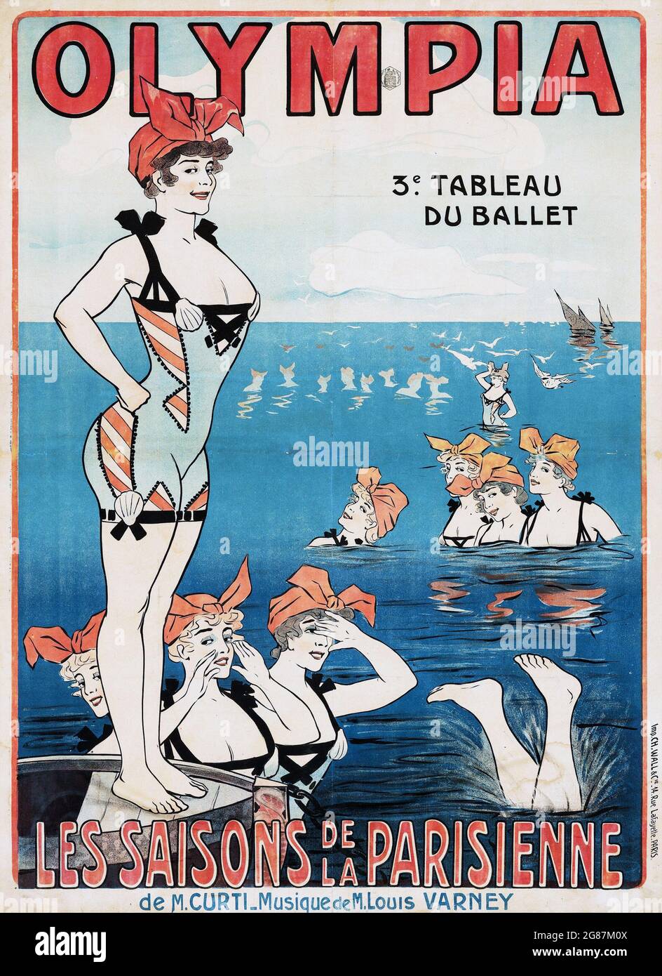 Poster d'epoca: Les Saisons de la Parisienne all'Olimpia (inizio del 1900). Poster del teatro francese. Donna in costume da bagno. Foto Stock