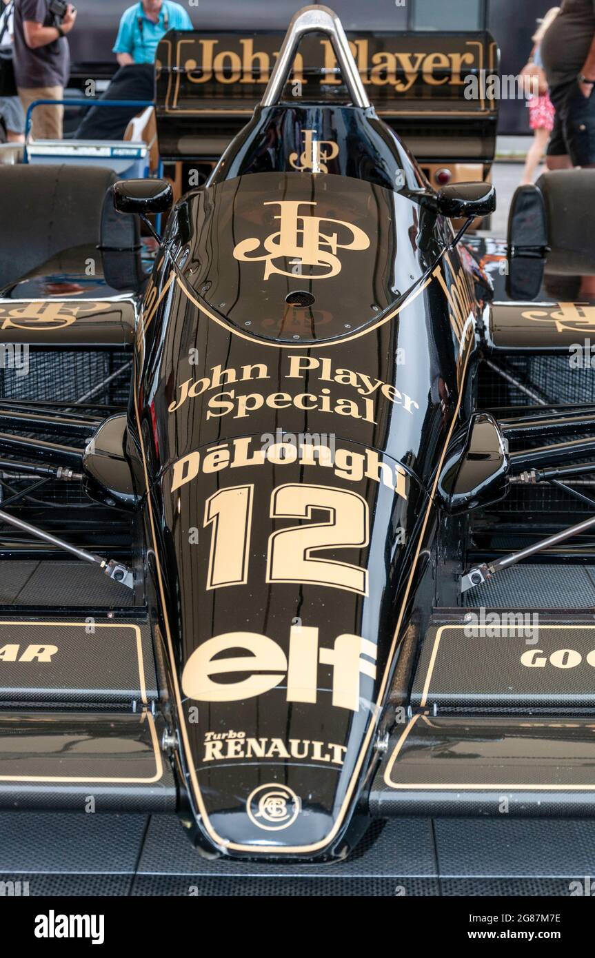 Lotus 98T Formula 1, vettura da corsa Grand Prix esposta al Goodwood Festival of Speed 2013. Campionato del mondo di Formula uno 1986 Ayrton Senna auto da corsa Foto Stock