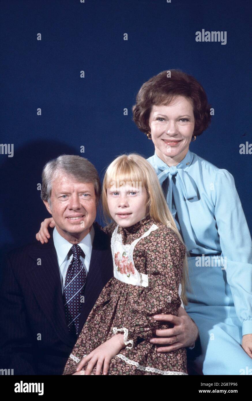 Il presidente degli Stati Uniti Jimmy carter, Rosalynn carter e Amy carter, Ritratto di famiglia, Bernard Gotfryd, 1977 Foto Stock