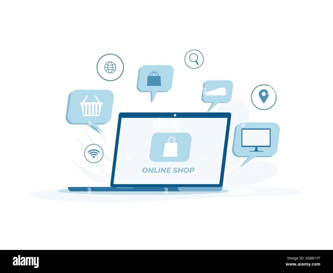 Concetto di shopping online con bolle discorso di merci volando intorno al laptop in tema blu. Illustrazione Vettoriale