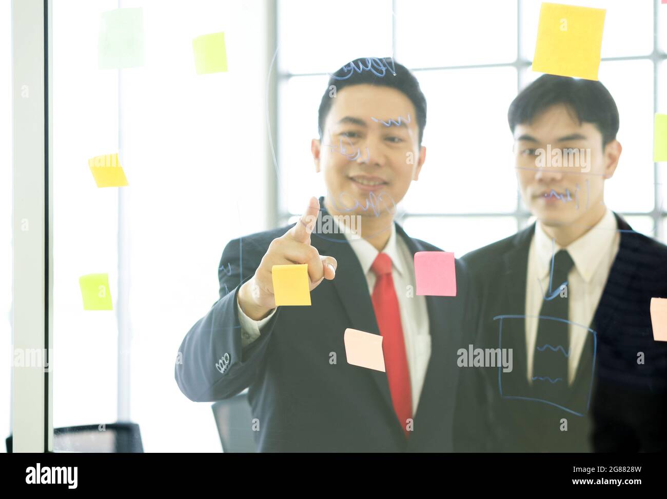 Uomo d'affari asiatico in vestito nero che punta il dito alla mappa mentale per il piano di affari sul pannello di vetro. Sul pannello di vetro era presente una carta per appunti. Foto Stock