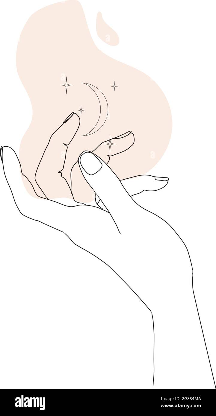 Stelle e luna in mano. Concetto di arte di linea del simbolo magico. Mano mistica lineare con forma astratta. Illustrazione Vettoriale