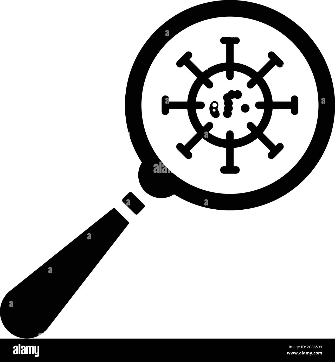 Lente di ingrandimento, icona virus - file EPS vettoriale. Ideale per supporti di stampa, Web, immagini di magazzino, uso commerciale o qualsiasi tipo di progetto di progettazione. Illustrazione Vettoriale