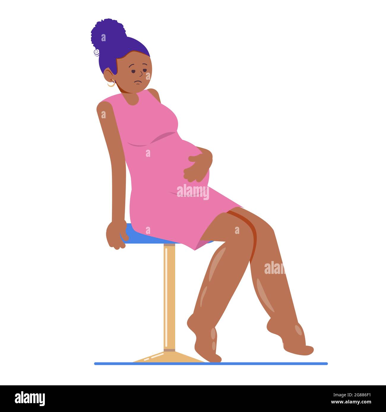 Donna incinta dalla pelle scura con gambe gonfie. Caviglie e piedi gonfi. Illustrazione vettoriale dei problemi di gravidanza Illustrazione Vettoriale