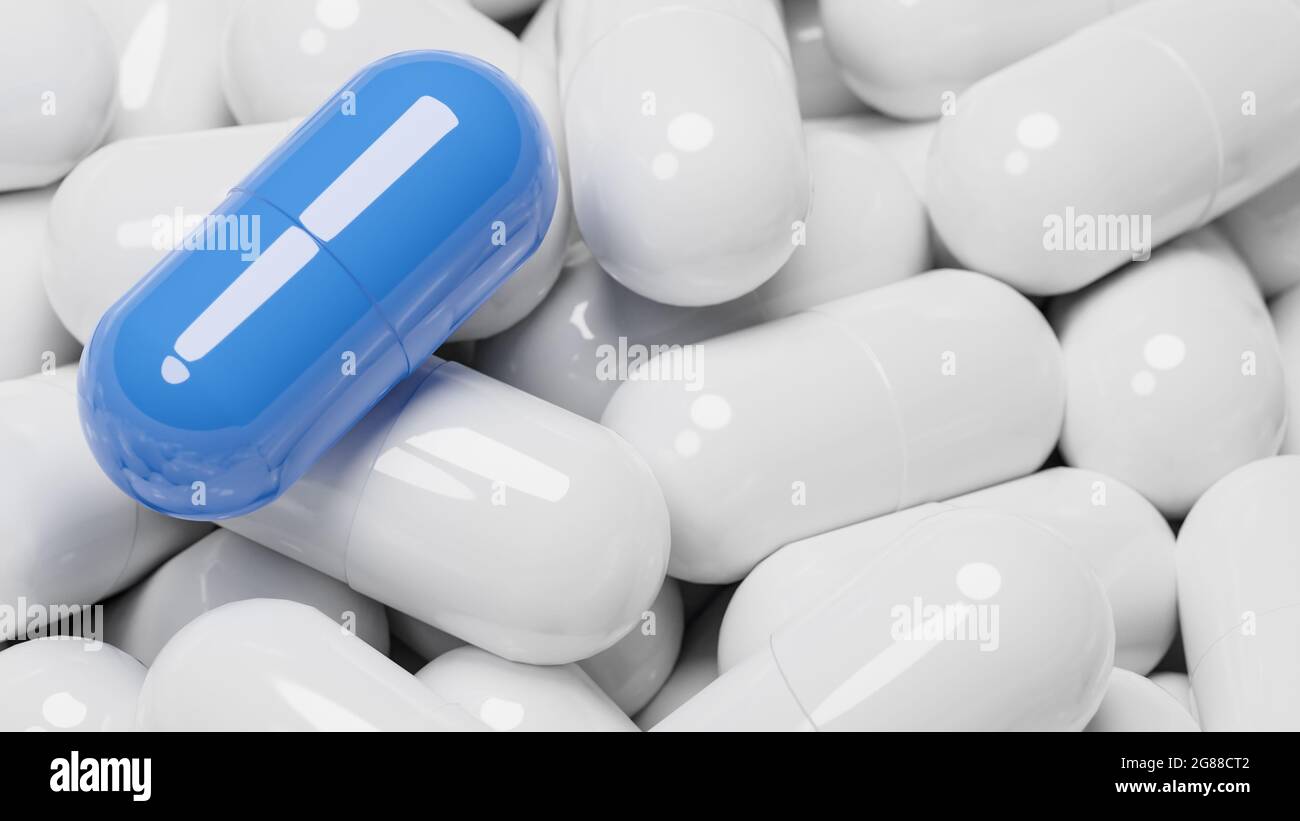 Primo piano della capsula di pillola blu in molte capsule di pillole bianche. Medicina e Specialty Pharmaceuticals Concept., modello 3d e illustrazione. Foto Stock