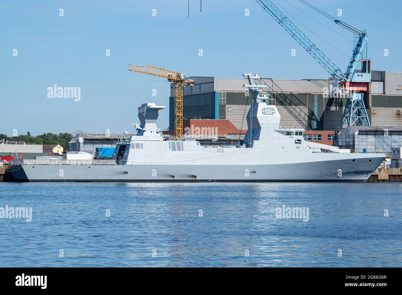 SA'ar corvette classe 6 per la Marina israeliana in costruzione presso i cantieri navali tedeschi Kiel Foto Stock