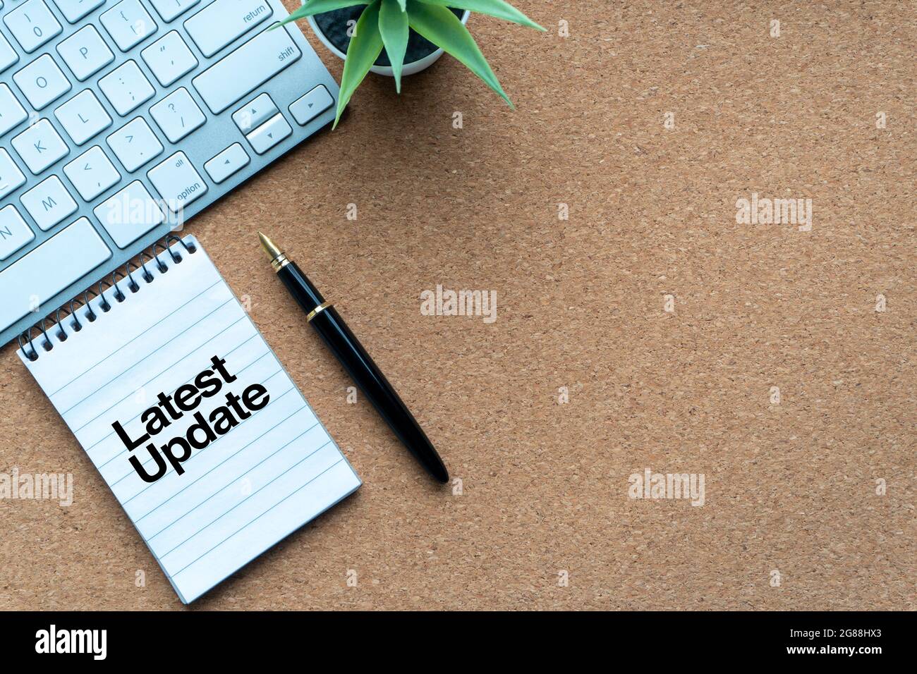 ULTIMO AGGIORNAMENTO testo con blocco note, piante decorative, tastiera e penna stilografica su sfondo di legno. Concetto di business e copy space Foto Stock