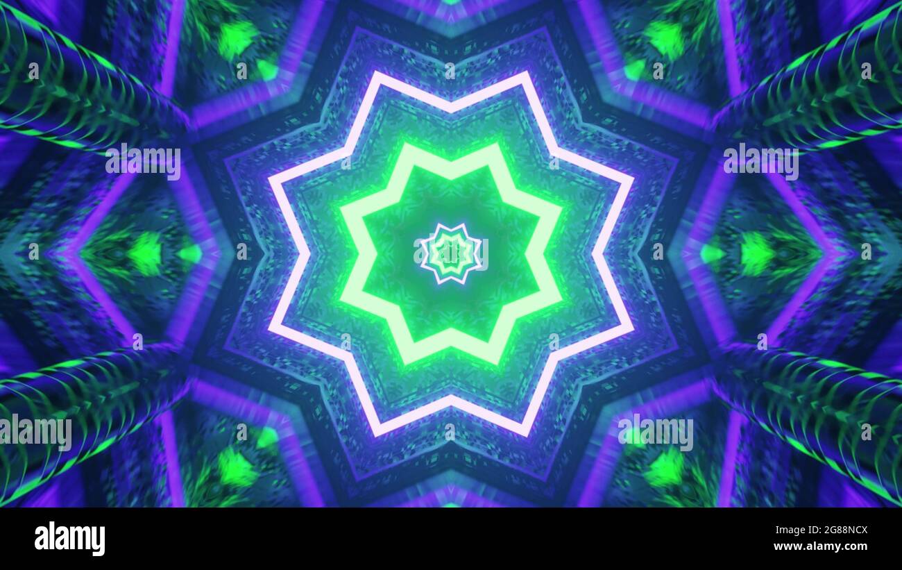 Immagine 3D 4K UHD con tunnel a forma di stella blu e verde Foto Stock