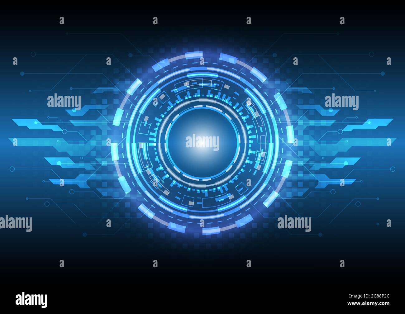 Infografica digitale e dati informatici. Astratto ologramma hi-tech background. Innovazione elettrica nella tecnologia della realtà virtuale. Interfaccia scheda a circuito stampato. Illustrazione Vettoriale