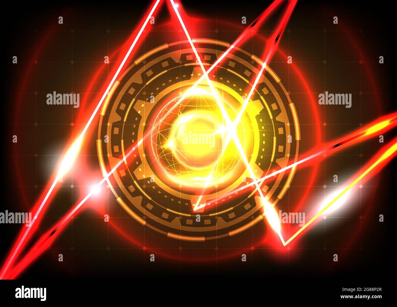 Sfera, luce al neon e laser. Ingranaggio astratto sfondo cerchio HUD. Interfaccia futuristica fantascientifica. Schermata della tecnologia di realtà virtuale. Di. Hi-tech Illustrazione Vettoriale