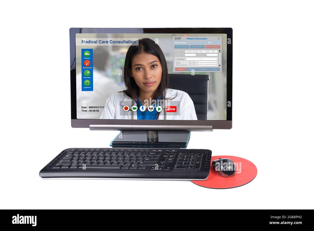 Display del computer che mostra il medico femminile fare la consultazione medica online per il paziente. Foto Stock