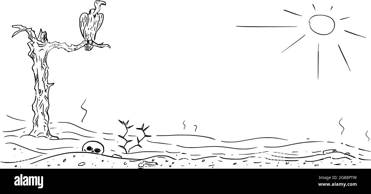 Vettore Cartoon disegno di arido deserto Paesaggio Illustrazione con avvoltoio seduto su albero morto Illustrazione Vettoriale