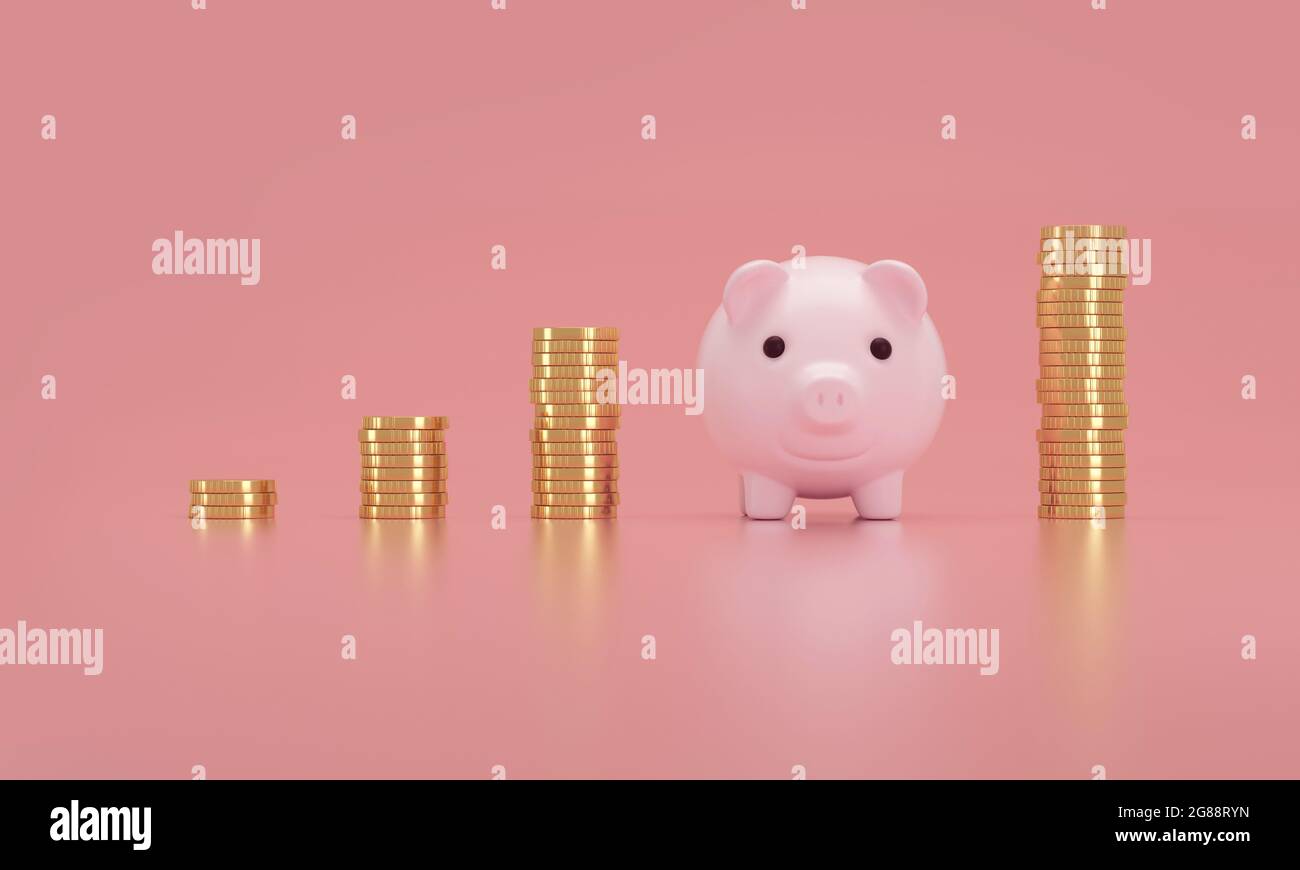 Stack di monete d'oro e una banca di maiale d'oro su sfondo rosa. Concetto di risparmio di denaro. rendering 3d. Foto Stock