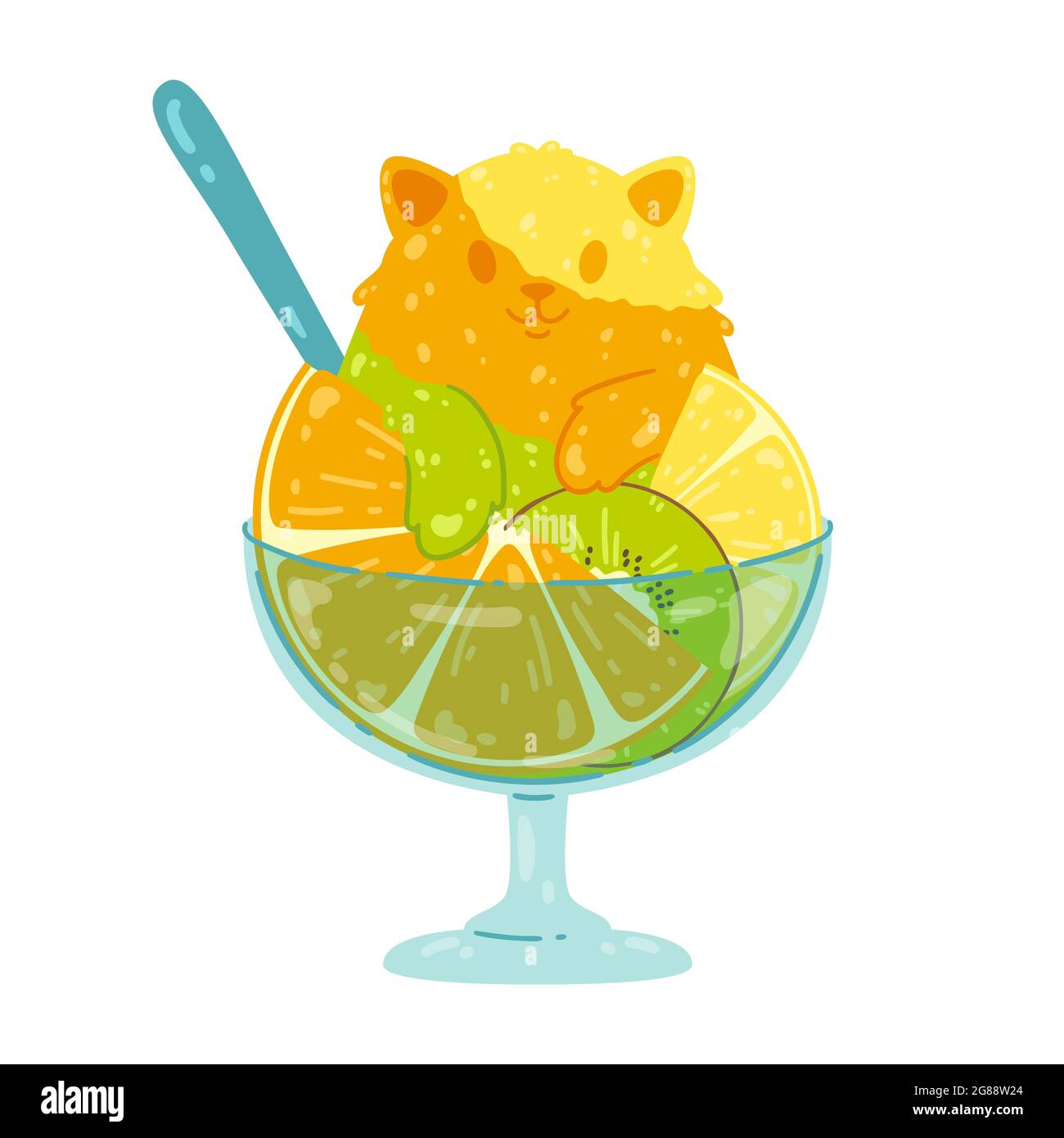 Carino gelato fruttato gatto con arancia, kiwi, limone. Gli agrumi radono il ghiaccio. Concetto di cibo dolce. Illustrazione vettoriale isolata su sfondo bianco. Illustrazione Vettoriale
