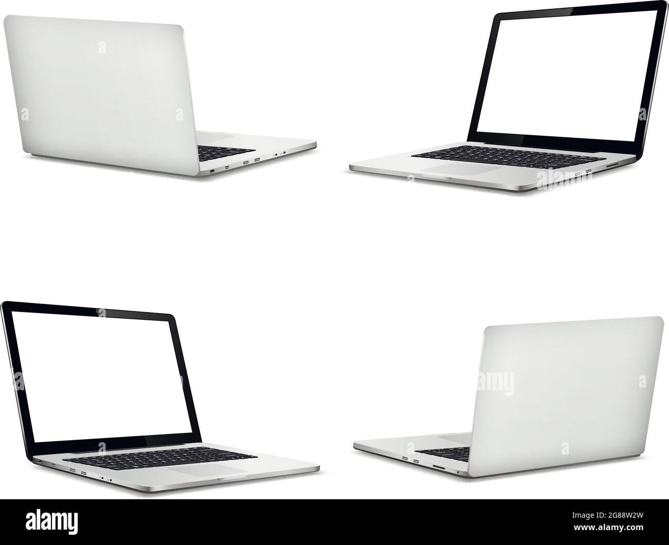 Mockup lato anteriore e posteriore del computer portatile isolato su sfondo bianco. Illustrazione vettoriale. Illustrazione Vettoriale
