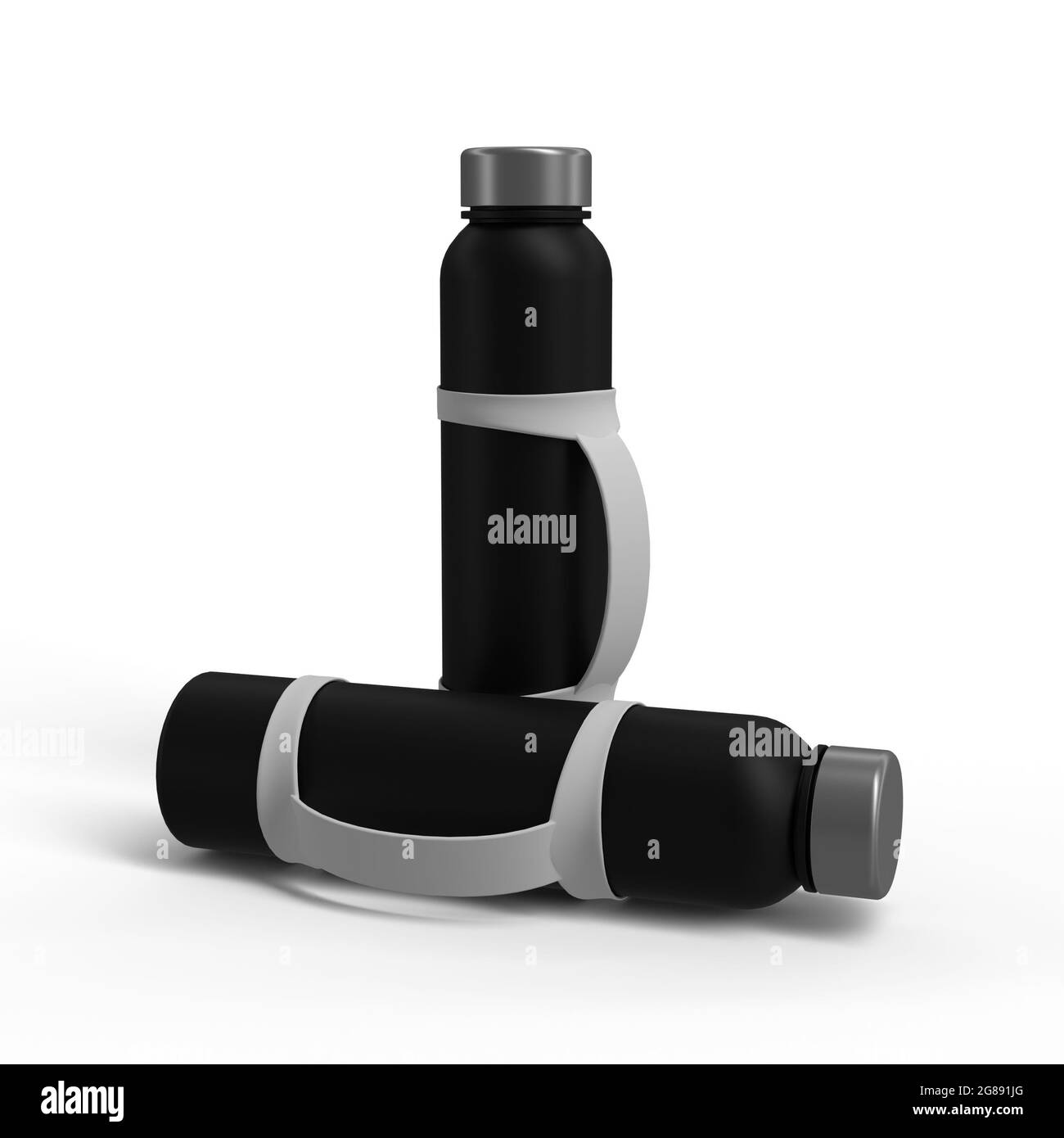 Illustrazione in 3D di una bottiglia d'acqua in metallo nero opaco in posizione verticale e di una in basso con impugnatura in silicone di gomma bianca isolata in bianco. Foto Stock