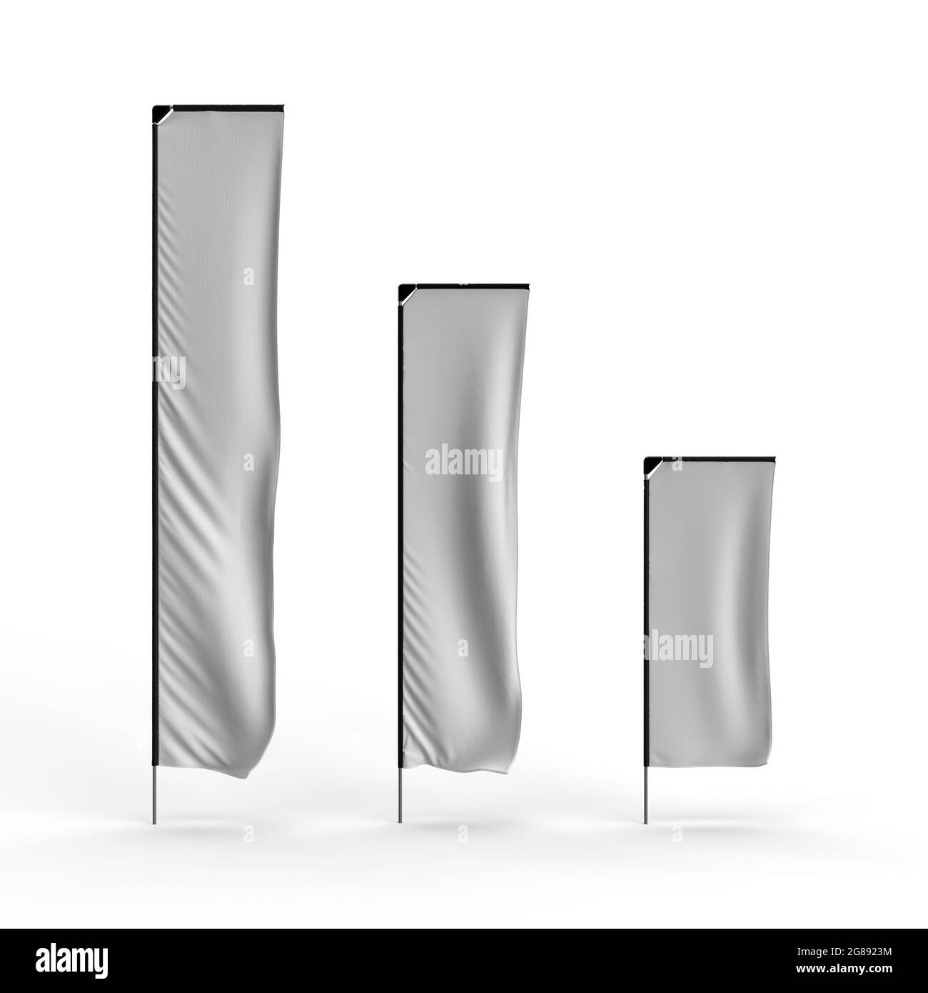 Modello 3D di telescopica Flag 3D Render di 4m, 3m e 2m Bandiera Banner con maniche nere, tessuto bianco, poli di alluminio e pezzo angolare in plastica nera. Foto Stock