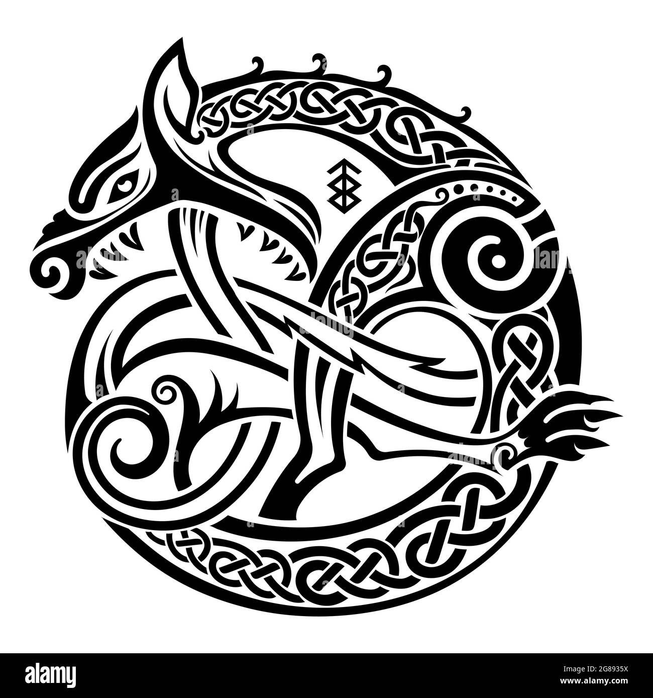 Design vichingo scandinavo. Illustrazione di una bestia mitologica - Fendir Wolf in stile Celtico scandinavo Illustrazione Vettoriale