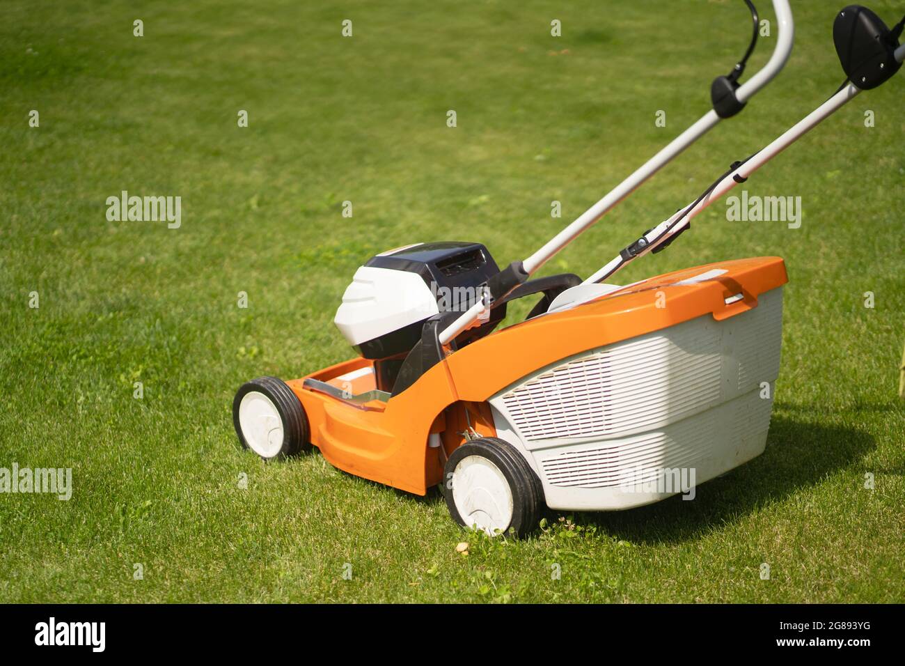 Rifilare l'erba con il tagliaerba. Foto Stock