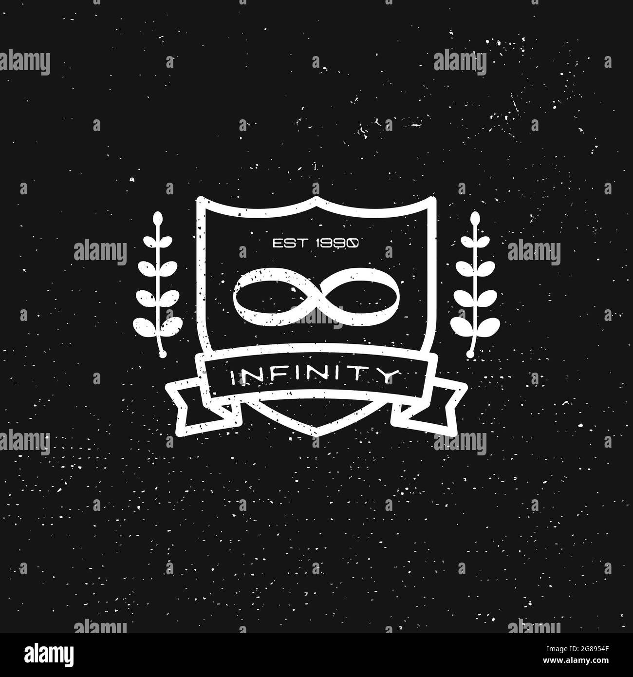 Modello con logo Infiniti con scudo e floreale, simboli non stop su sfondo scuro, editabile, illustrazione isolata stile vintage con texture Illustrazione Vettoriale
