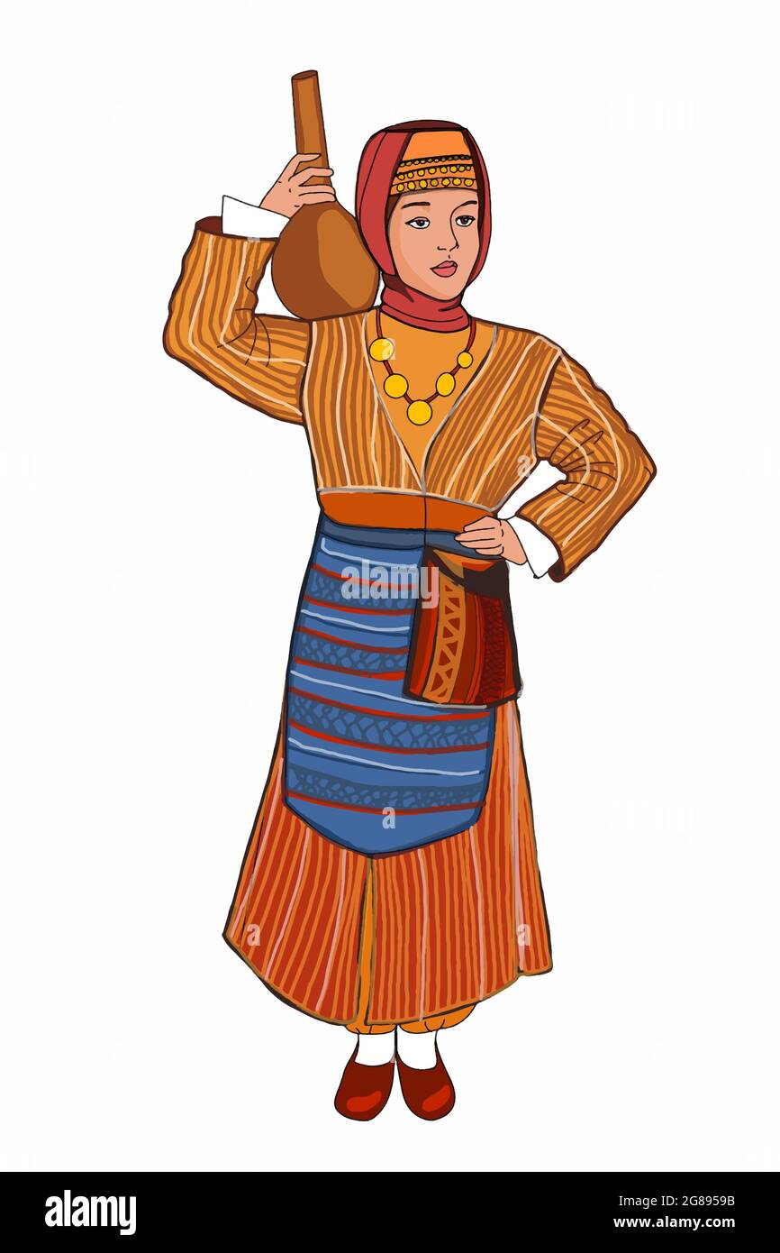 donna tradizionale in piedi e indossando cultura turca vestiti illustrazione Foto Stock