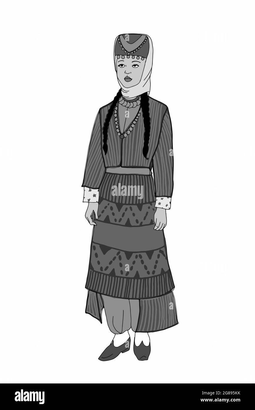 donna tradizionale in piedi e indossando abiti di cultura turca che raffigurano colori grigi Foto Stock
