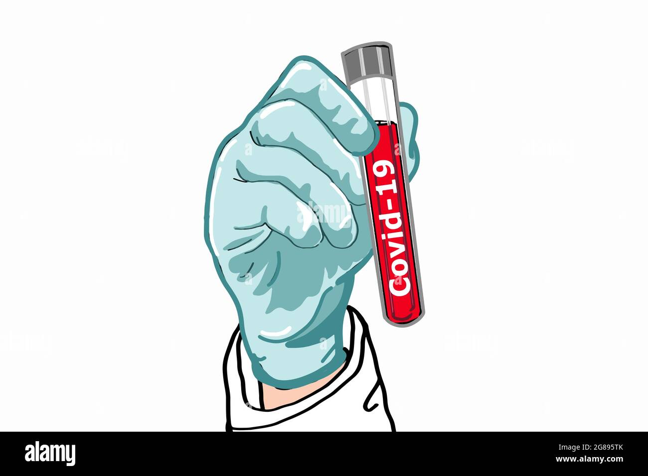 sciencest, medico, mano di lavoro sana dando guanti medici e tenendo tubo da laboratorio covid-19 illustrazione positiva del test. Foto Stock