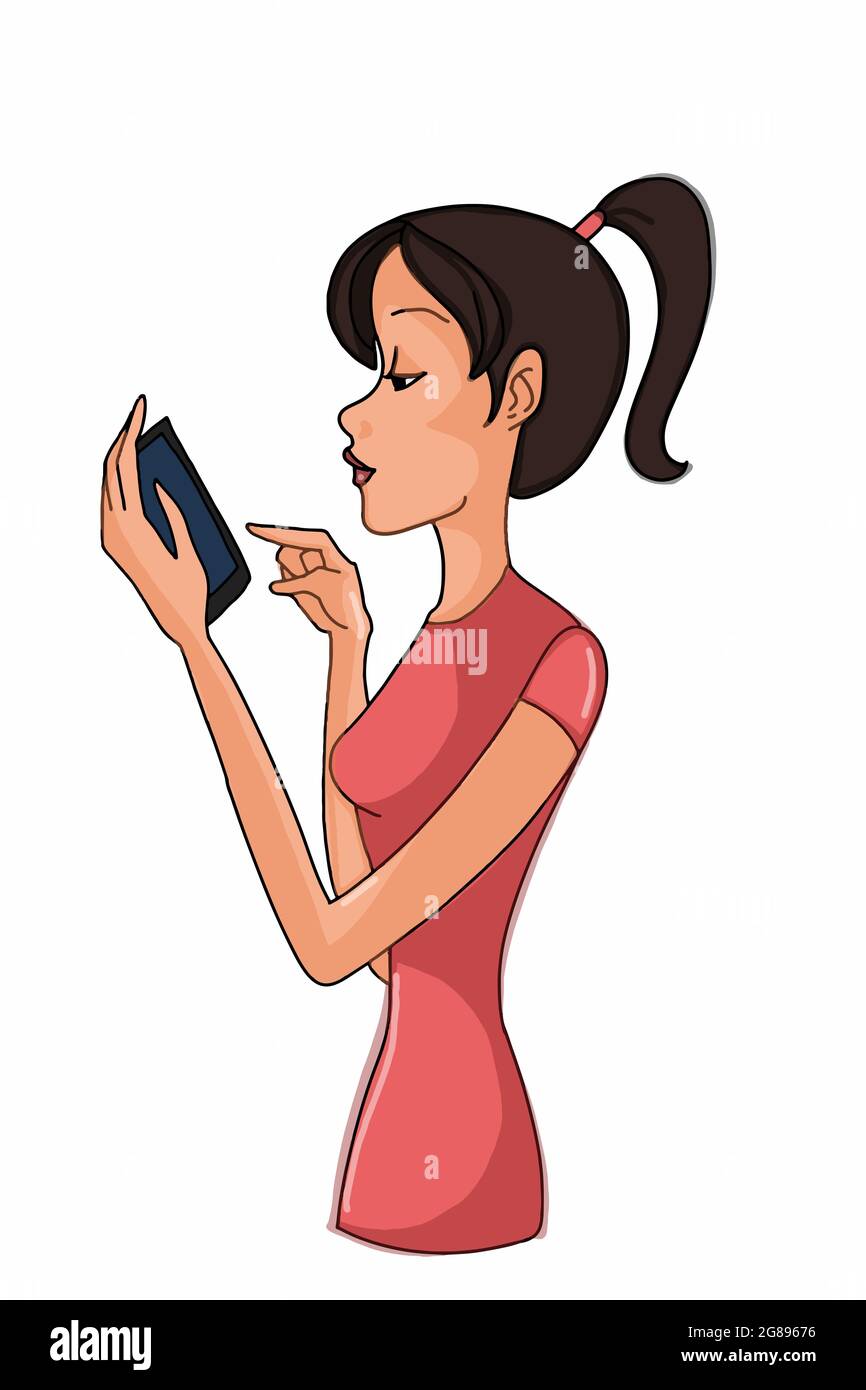 fumetto metà corpo femmina e telefono cellulare in illustrazione a mano Foto Stock