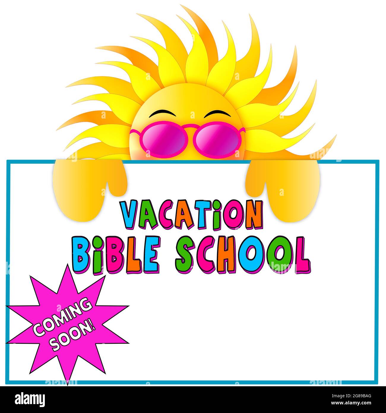Vacation Bible School Graphic with Sun weaking sunglasses hold annuncio segno Foto Stock