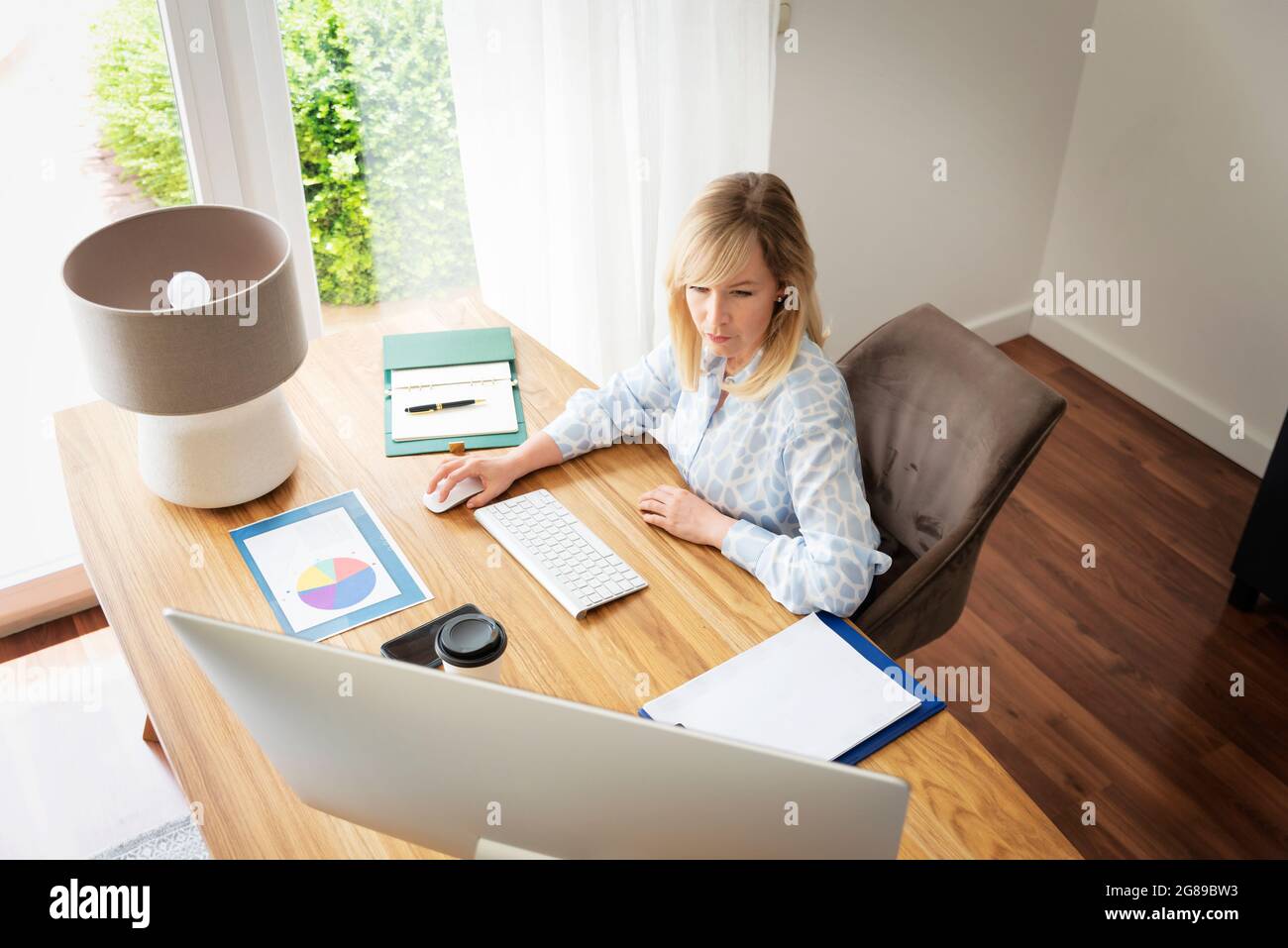 Assistente finanziario donna d'affari che lavora sul computer a casa. Ufficio domestico. Foto Stock