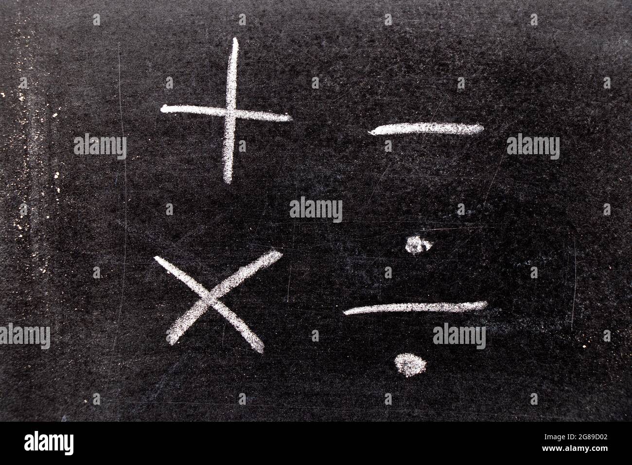 Disegno a mano del gesso bianco nella forma del simbolo matematico (più, meno, moltiplica, divide) su sfondo nero della lavagna Foto Stock
