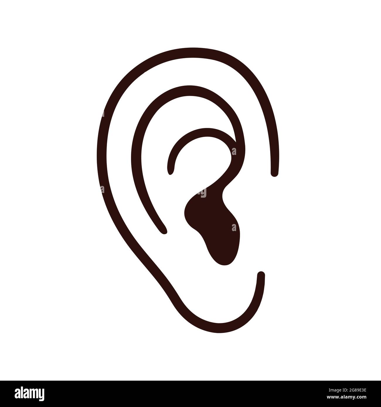 Icona della linea dell'orecchio umano, semplice disegno del cartone animato. Contorni in bianco e nero. Illustrazione della clip art vettoriale isolata. Illustrazione Vettoriale