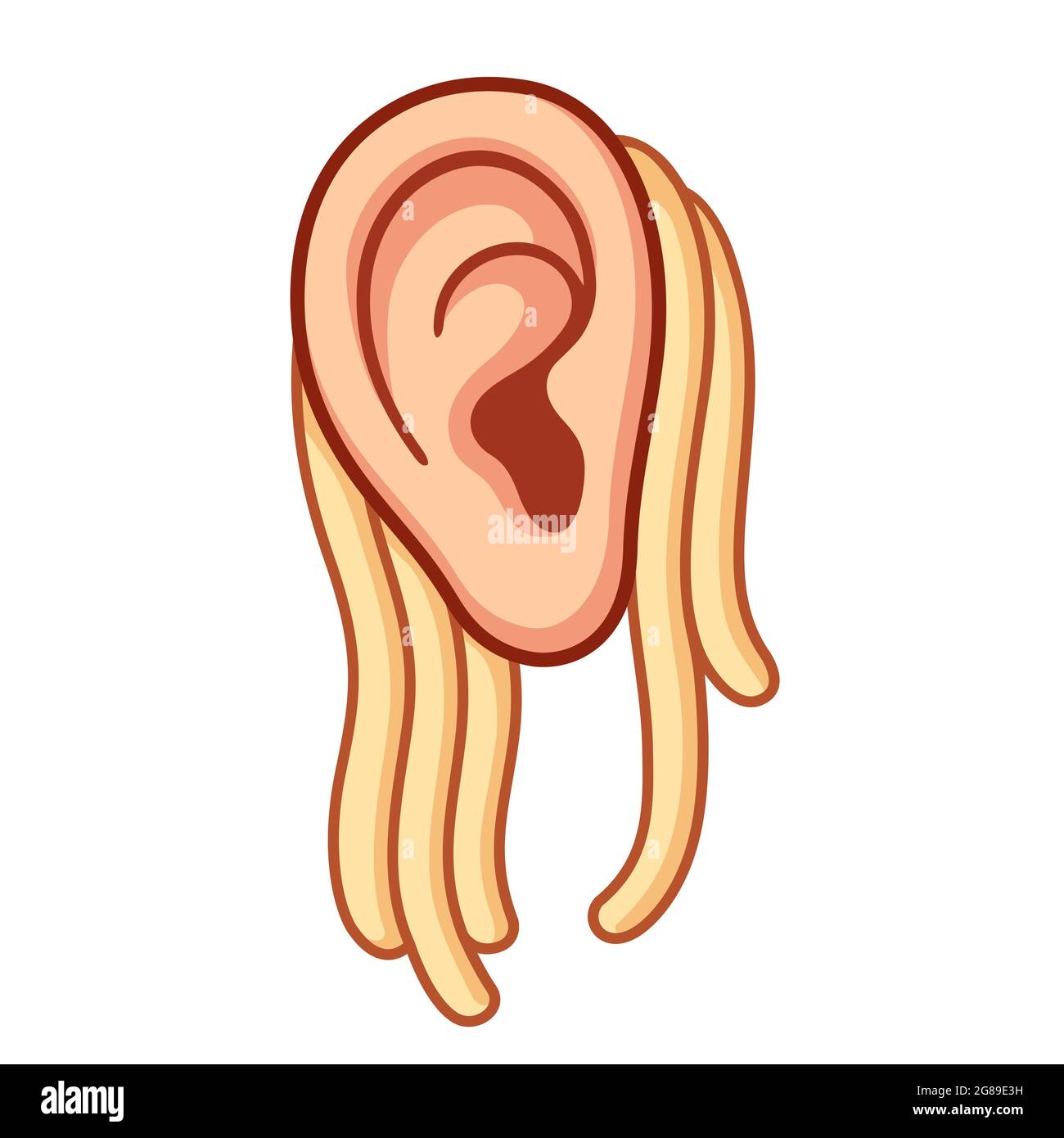 "Вешать лапшу на уши" (termine russo "Anzoli alle orecchie") Cartoon disegno di spaghetti sull'orecchio umano. Illustrazione vettoriale divertente. Illustrazione Vettoriale