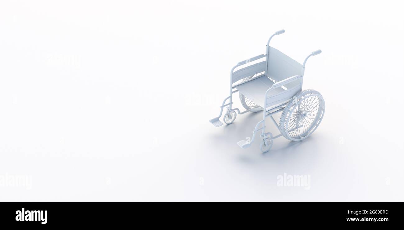 Sedia a rotelle bianca isolata su sfondo bianco. Sedia a rotelle vuota, attrezzature mediche per disabili, handicap, spazio per fotocopie, modello creativo monocromatico. Foto Stock