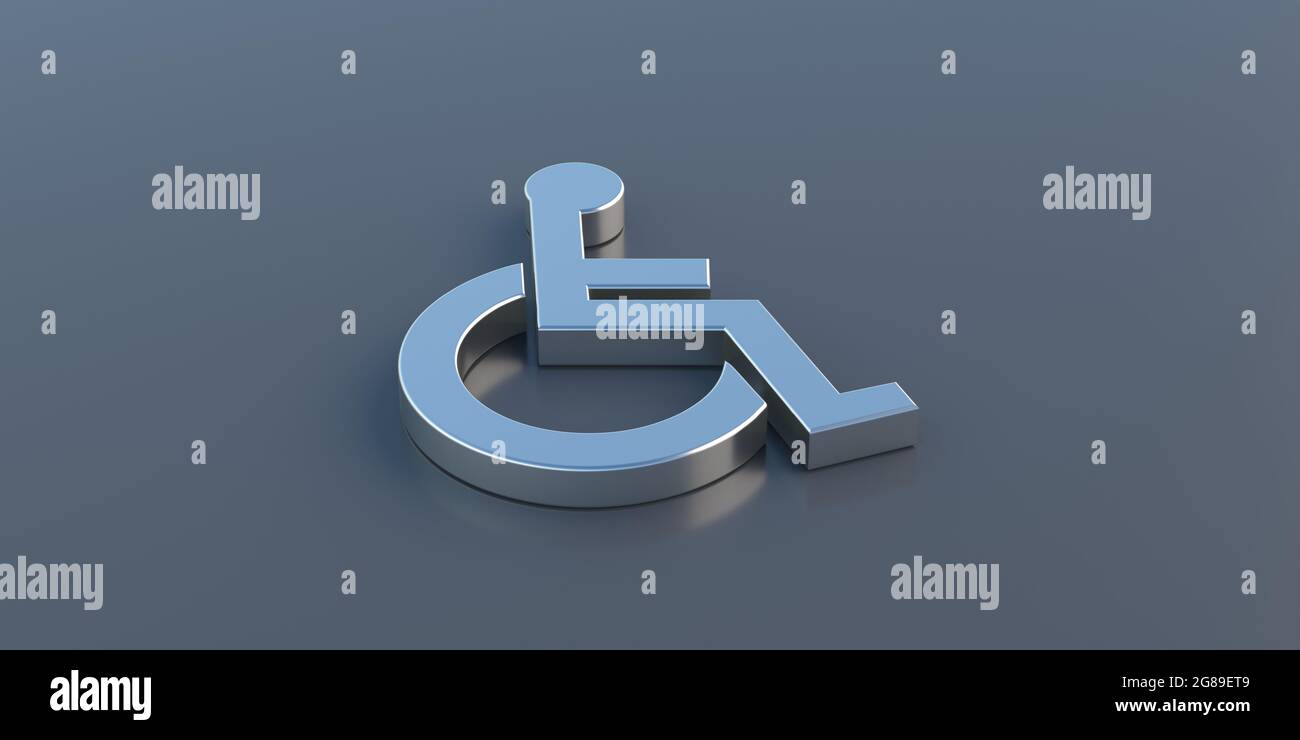 Sedia a rotelle, cartello in metallo per disabili su sfondo grigio. Concetto di accesso e servizi per disabili, illustrazione 3d Foto Stock