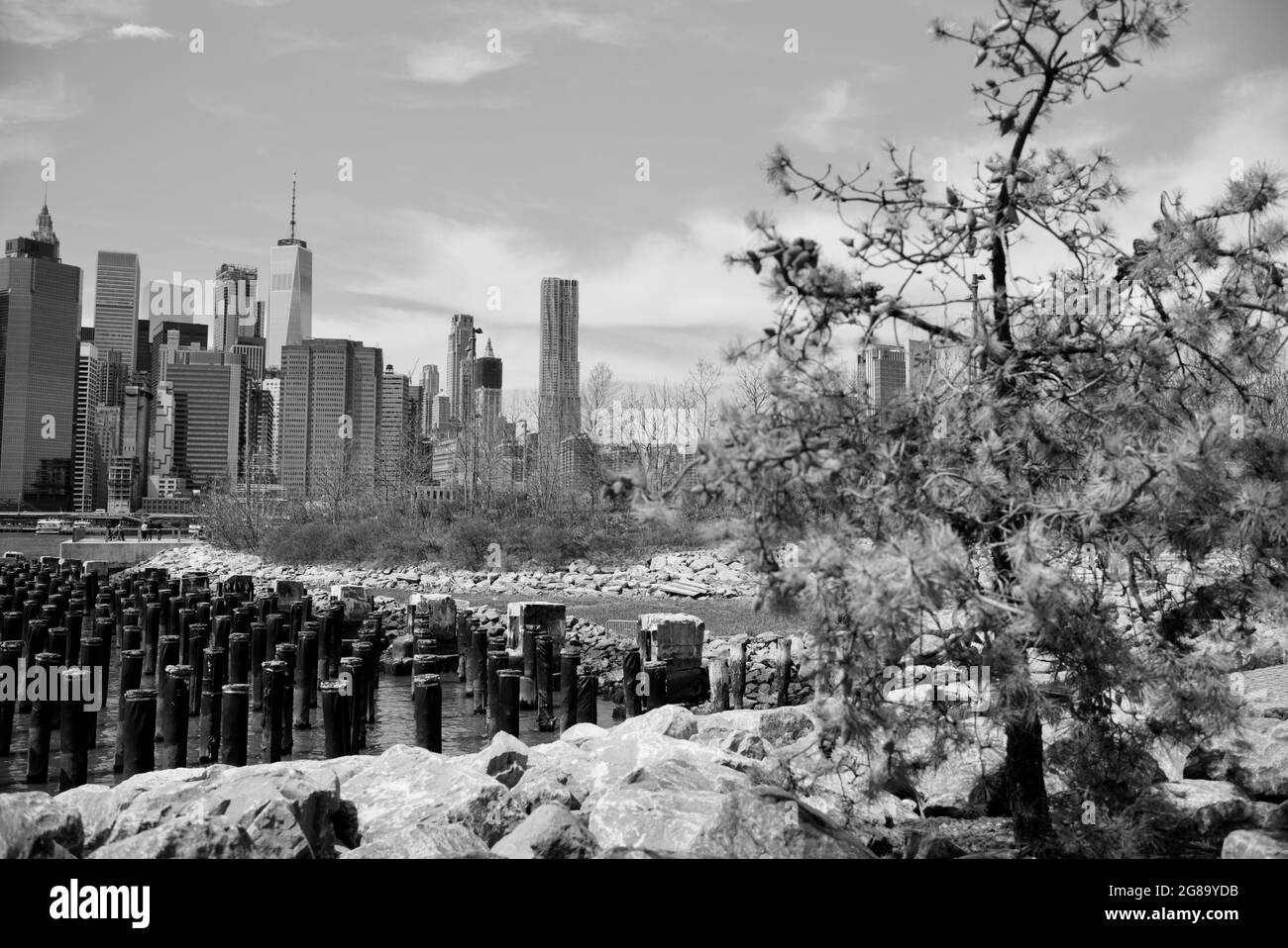 Skyline del centro di Manhattan visto dal Brooklyn Bridge Park, Brooklyn New York Foto Stock