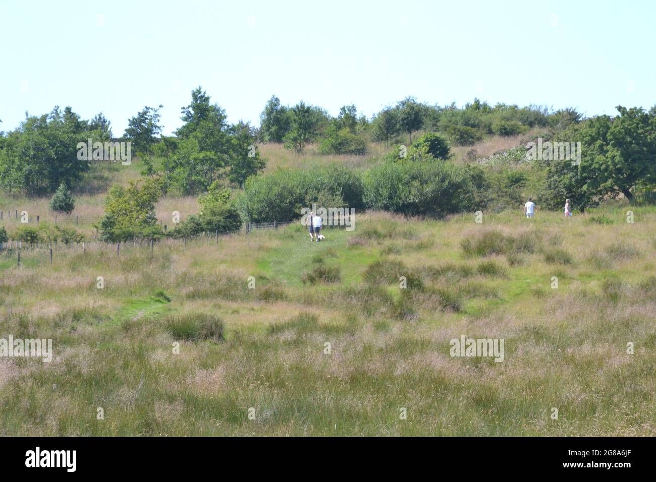 Gli escursionisti e gli escursionisti godono del sole sotto il cielo blu vicino a Langho, Lancashire, Regno Unito, mentre la mini ondata di calore continua nel luglio 2021. La temperatura sta colpendo 30C in alcune parti del Regno Unito. Il 15 luglio 2021 la sanità pubblica Inghilterra (PHE) ha emesso un allarme di salute termica. Foto Stock