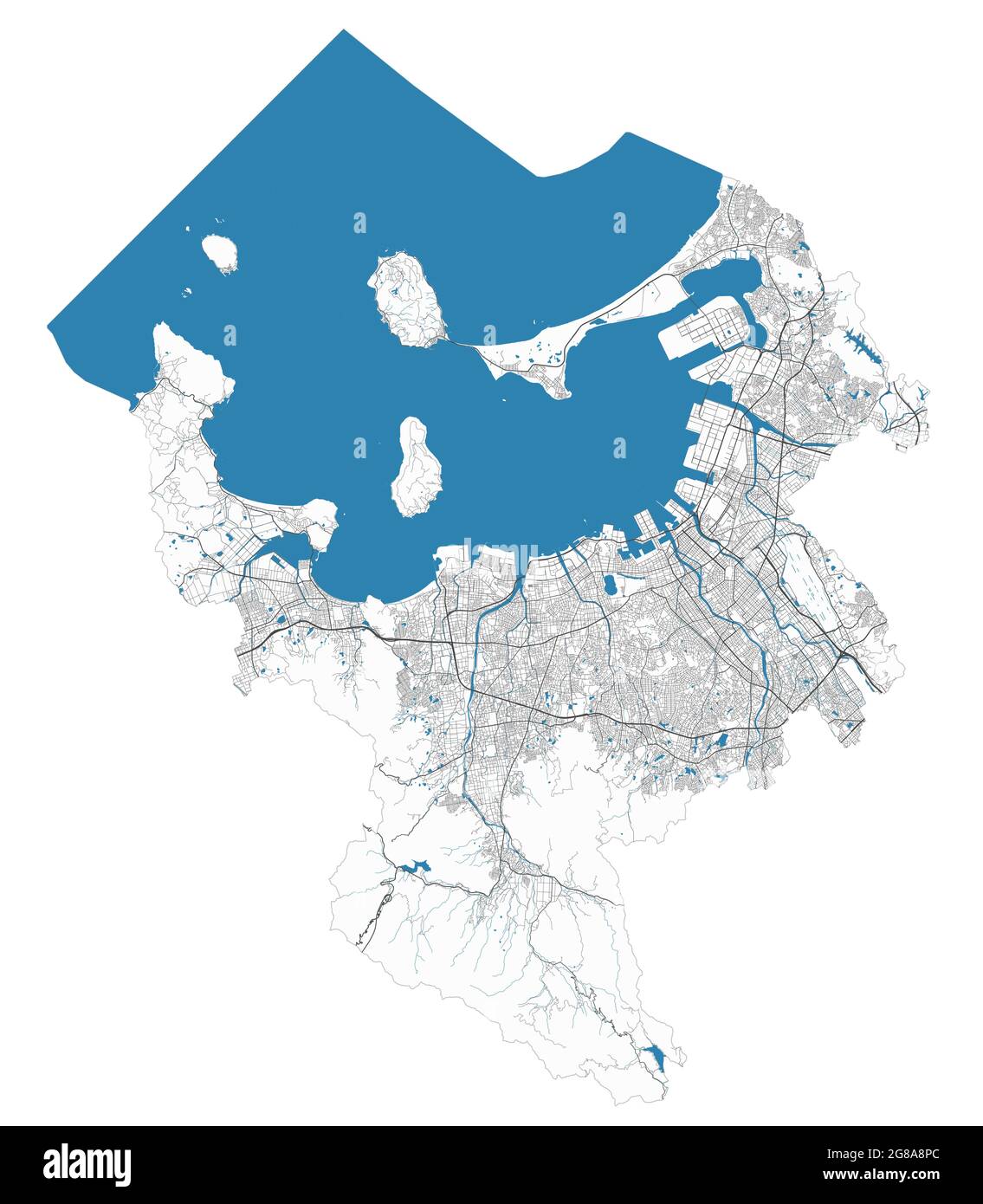 Mappa della città di Fukuoka. Mappa dettagliata area amministrativa, panorama terrestre. Illustrazione vettoriale priva di royalty. Mappa con autostrade, strade, fiumi. Touri Illustrazione Vettoriale