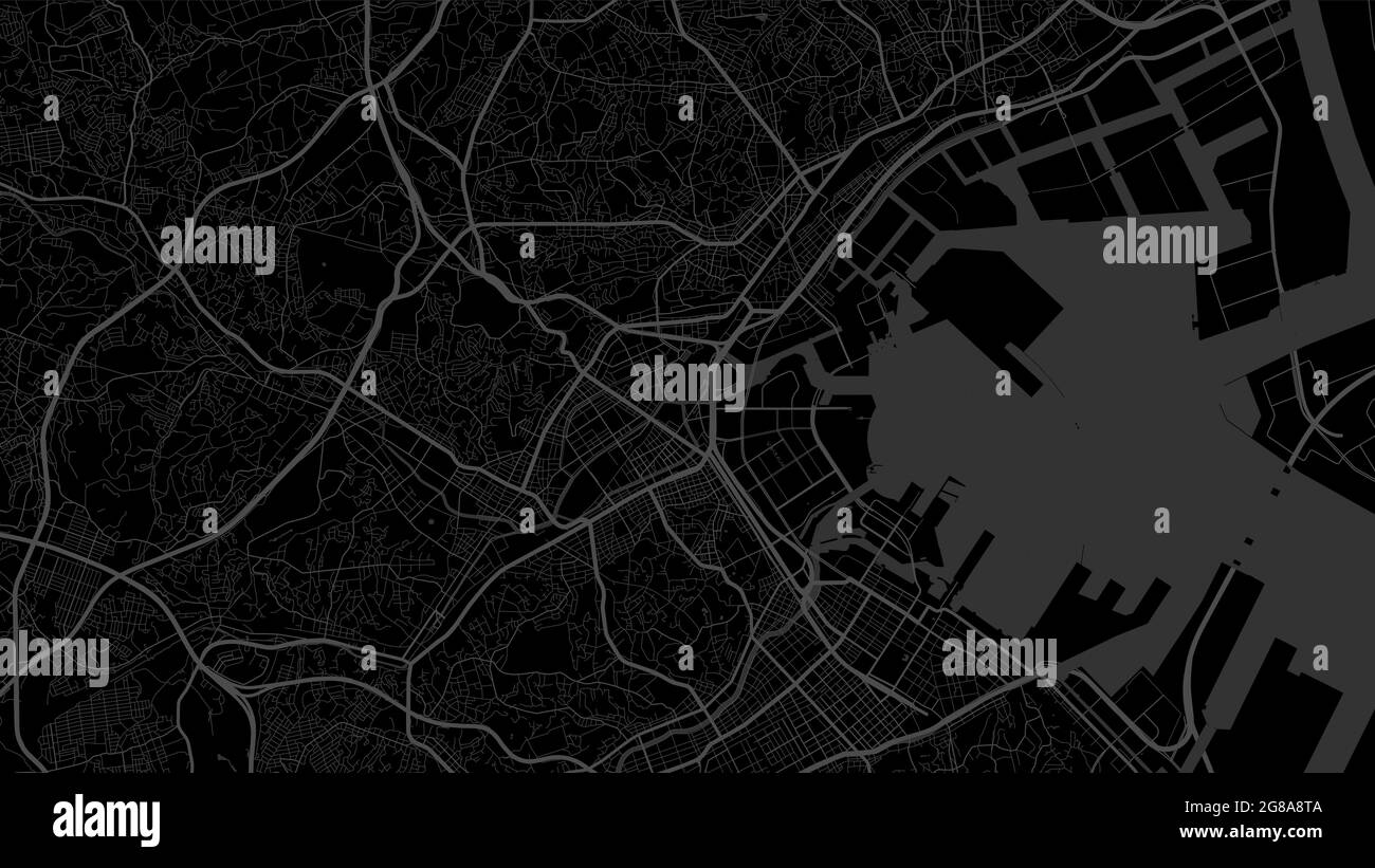 Mappa della città di Yokohama, Giappone. Sfondo orizzontale mappa poster nero scuro terra, strade e fiumi. 1920 1080 proporzioni. Grafico in scala di grigi privo di royalty Illustrazione Vettoriale