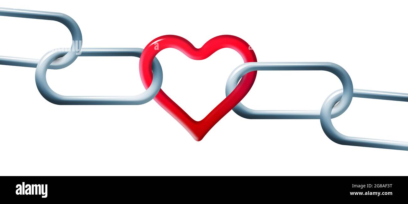 La catena di acciaio è collegata insieme da un anello a forma di cuore rosso in questa illustrazione 3-d circa amore indistruttibile. Foto Stock