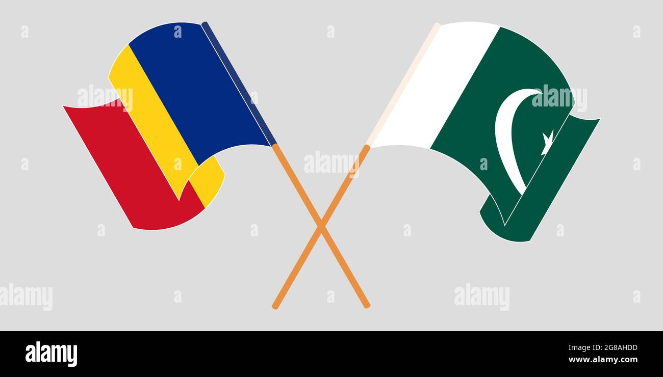 Bandiere incrociate e sventolanti di Pakistan e Romania. Illustrazione vettoriale Illustrazione Vettoriale