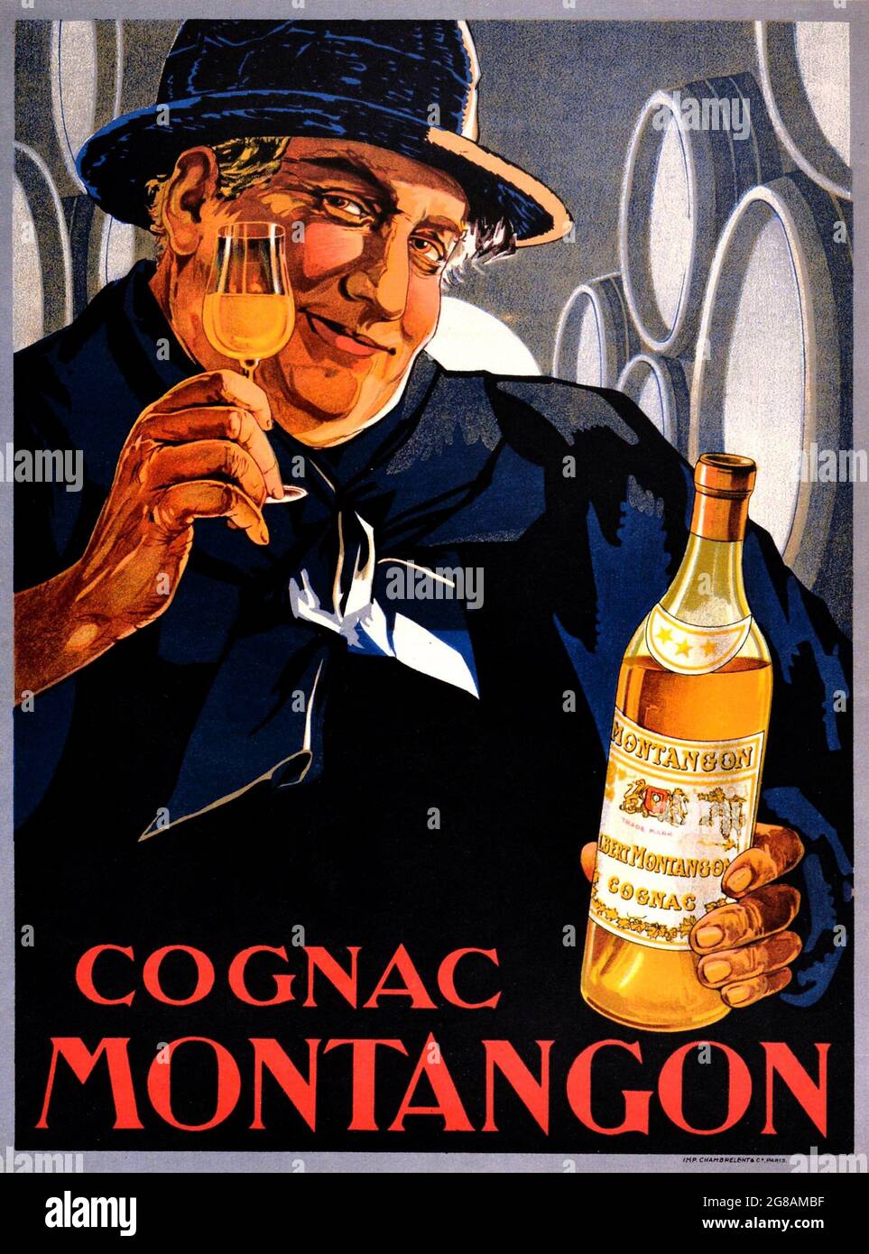 Poster antico – Cognac Montangon – bevanda alcolica francese Pubblicità Art. Uomo che beve cognac. Foto Stock